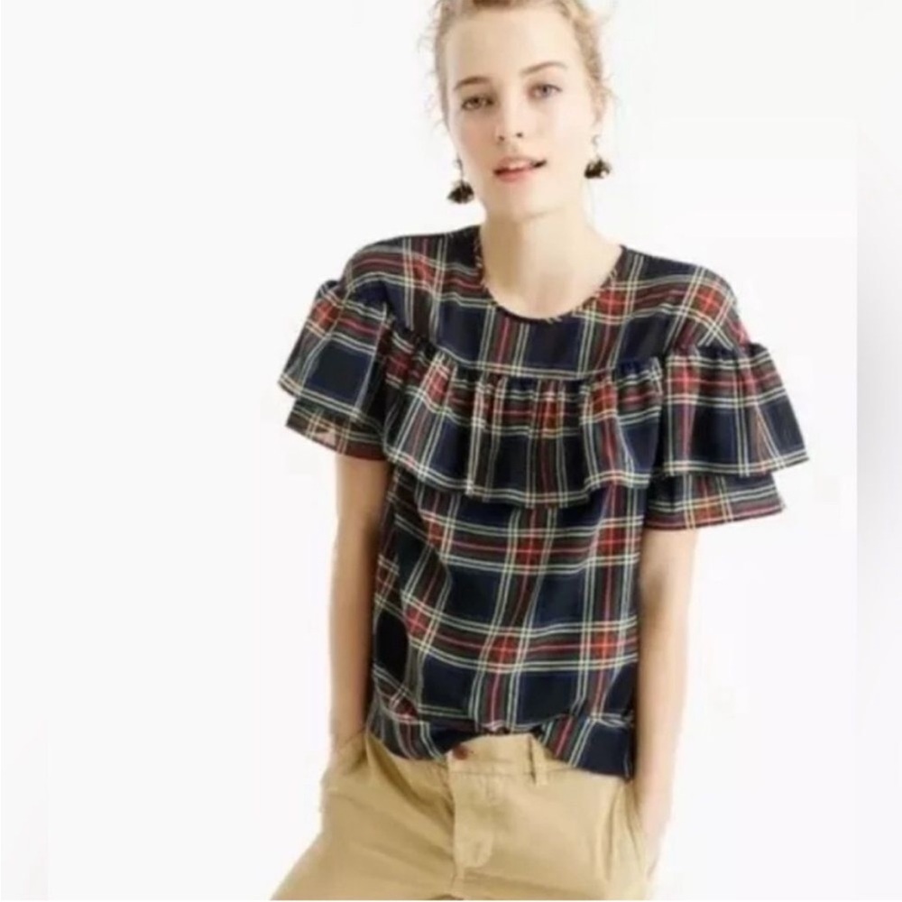 J. Crew Edie Stewart Tartan Plaid Ruffle Blouse Size 8 LIKE NEW- worn once
